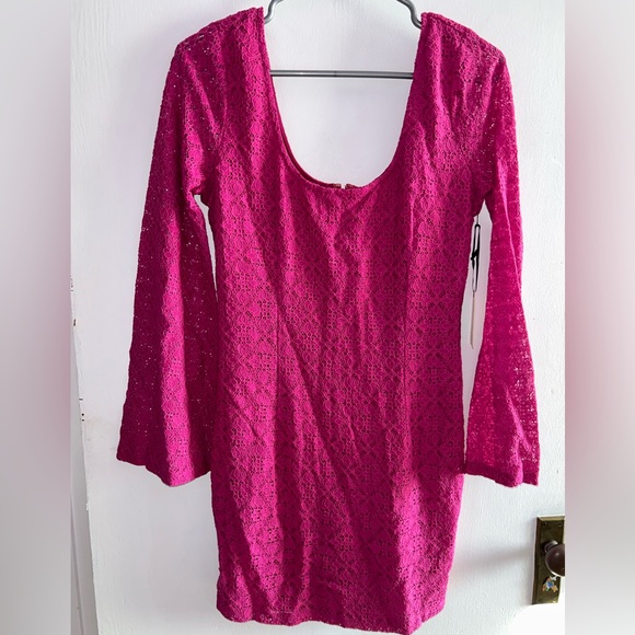 Pink Lace Mini Dress with Bell sleeves - Picture 1 of 5